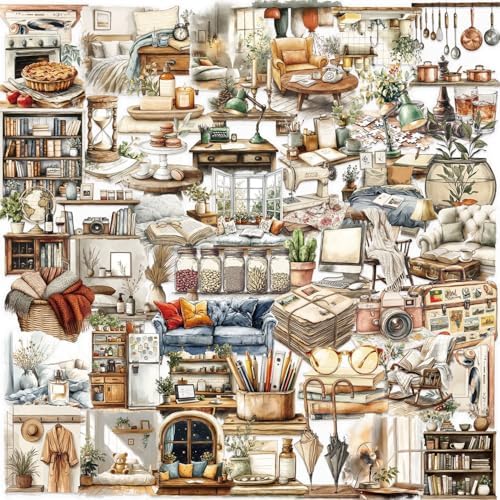 50pcs Home Art Stickers for Laptop Water Bottles, Transparent PET Waterproof Adhesive House Decals Retro Home Decor Sticker for Kids Birthday Party Scrapbook Phone (Retro-2)
