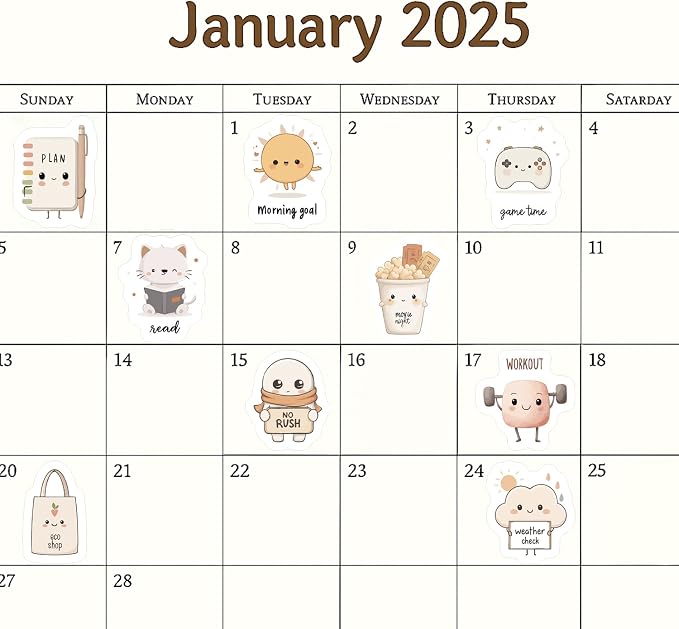 250 Pcs Planner Stickers, Kawaii Cute Daily Life Self-Care Stickers for Calendar Notebook Diary Bullet Journal Scrapbook, 7 Sheets