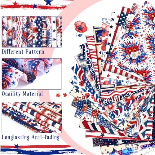 HunnmingRe 20 Pcs 10''x10'' Patriotic Red White Blue Quilting Fabric Square