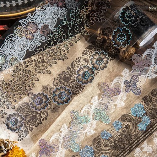 Primst 5 Rolls Washi Tape Lace Pattern Self-Adhesive Tape, White Black Floral Washi Silver Aesthetic Lace Tapes for Scrapbooking DIY Art Journaling Craft Gift Wrapping