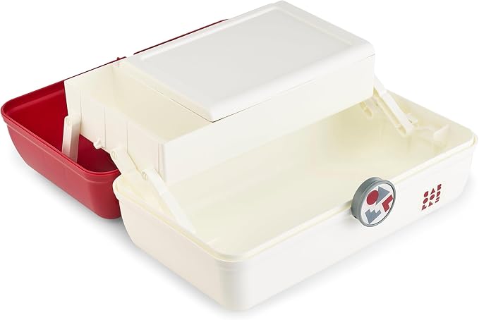 Caboodles School Spirit On-The-Go Girl Makeup Box, Crimson Over White, Hard Plastic Makeup Organizer Box, Built-In Mirror, Secure Latch for Safe Travel, Spacious Storage for Large Items