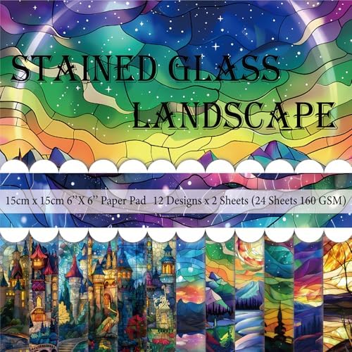 6x6" Cardstock Single Sided Scrapbooking,Craft Decorative Scrap Book Paper | 160gsm,24-Sheet 12Patterns Colored Paper,Junk Journal Supplies,Vivid Origami Papers DIY Craft Gift Wrapping Album.StainedGlas