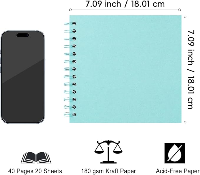 DIY Scrapbook Album 7x7 Inch, Hardcover Kraft Paper Scrap Book Photo Album, Blank Page Memory Scrap Book for DIY Crafts, Traveling, Wedding, Anniversary, Birthday, 40 Pages (20 Sheets), Blue