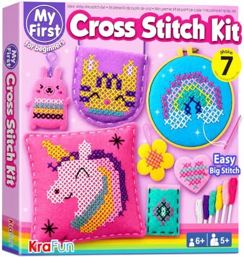 KRAFUN Cross Stitch Kit for Kids Age 5+ | 7 Beginner Projects