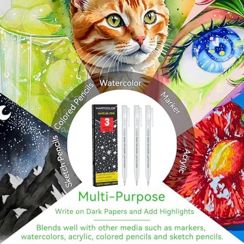 MARTCOLOR White Gel Pens, 3 Pack, 0.5mm, 0.8mm, 1.0mm White Gel Ink Pens