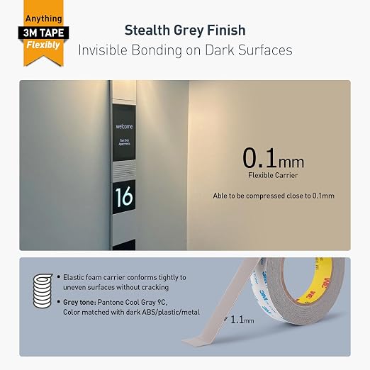 3M Double Sided Tape, 1" x 18Ft Foam Tape, 1600TG, Grey, 2 Pack