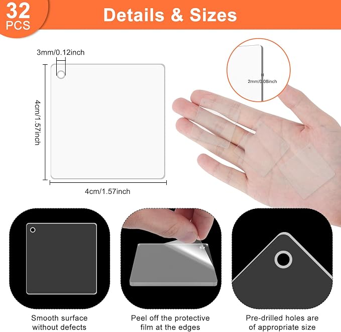 32Pcs Acrylic Ornament Blanks Acrylic Keychain Blanks Bulk Clear Square Acrylics Christmas Ornaments with Hole for Vinyl, Christmas Decor, Engraving, Painting, DIY Crafting