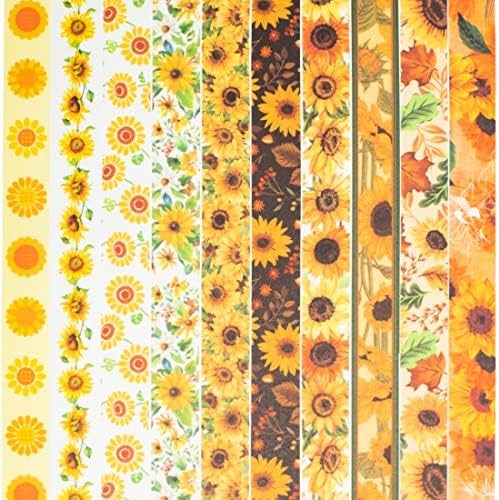 Sunflower Washi Tape Set 10 Rolls Floral Print Decorative Sun Flowers Masking Tapes for Arts, DIY Crafts, Journals, Planners, Scrapbook, Wrapping