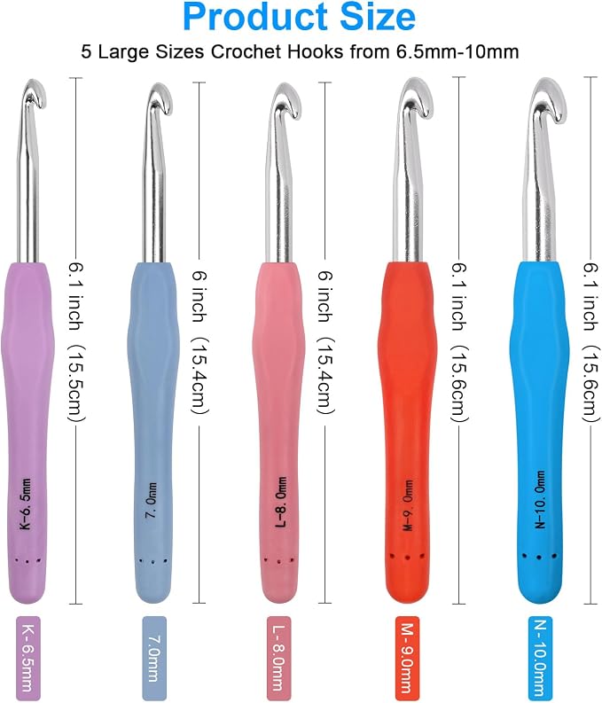 Large Crochet Hooks 5 Sizes Crochet Hook Set, 29 Pack Yarn Needle Kits for Beginners, Knitting Needles with Ergonomic Handles for Arthritic Hands, 6.5mm 7.0mm 8.0mm 9.0mm 10.0mm Crochet Needle Kit