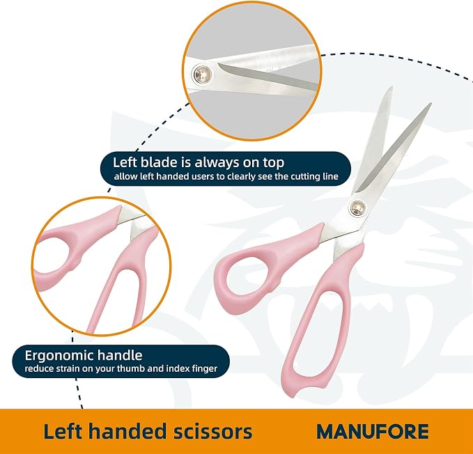 MANUFORE Left-Handed Sewing Tool Kit -8.5in Lefty Fabric Scissors, 4.5in Thread Trimmers, Rotary Cutter with 3 Replacement Blades - Pink Set for Quilters, Crafters, and DIY Projects