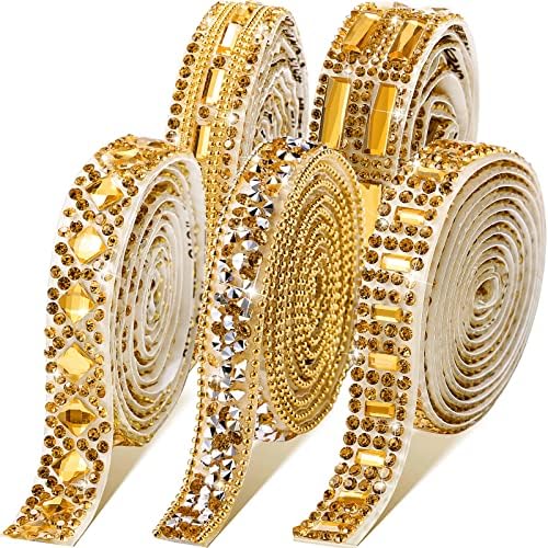 Xinnun 5 Rolls Rhinestone Ribbon,Tawny,0.39-0.79 Inch,Mixed Style