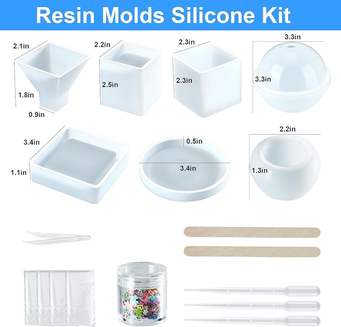 Resin Molds Silicone Kit 20Pcs,Epoxy Resin Molds Including Sphere,Cube,Pyramid,Square,Round, Used for Create Art,DIY,Coasters,Candles.Bonus Decorative Sequins and The Complete Set(20PCS Resin molds)