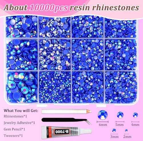 10000PCS Blue AB Rhinestones Bedazzling Gems 2/3/4/5/6MM Mix Sizes Resin Jelly Bedazzler Kit Flatback with Complete Tools for DIY, Nail, Art Craft for Girls Gift