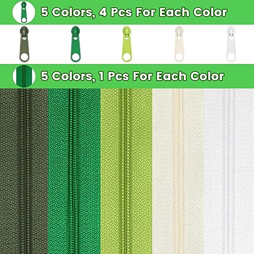DOITEM 15.3 Yards/ 14 m 5 Pieces Assorted Colors #3 Nylon Coil Zippers, Sewing Zippers Endless Zips with 20 Pieces Zipper Sliders Zip Heads for DIY Sewing Tailor Craft Supplies (Green White)