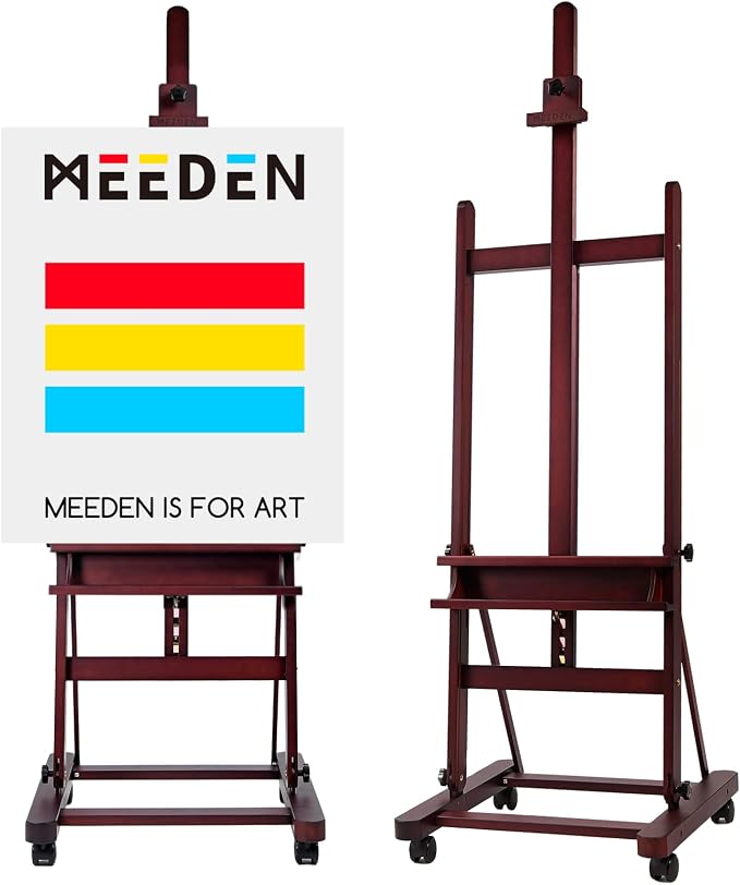 MEEDEN Studio Wood H-Frame Easel: Art Easel with Storage for Artist | Wooden Artist Painting Easel on Wheel - Floor Easel with Movable Tilting for Adults Artist Art Students Beginners Deep Walnut
