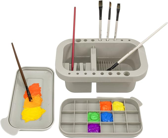 MyLifeUNIT Paint Brush Cleaner, Paint Brush Holder with Palette, Grey | 18 mixing wells, 16 slots fitting 0.24-0.63 in diameters, 3 washing compartments, removable tray lid