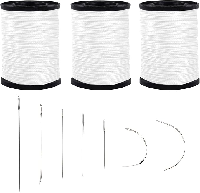 Topus Extra Strong Upholstery Repair Sewing Thread Kit and Heavy Duty Household Hand Needles, Including 7 Styles of Leather Canvas Sewing Needles and 3 Rolls Nylon Thread (70 Yard of Each Roll), White