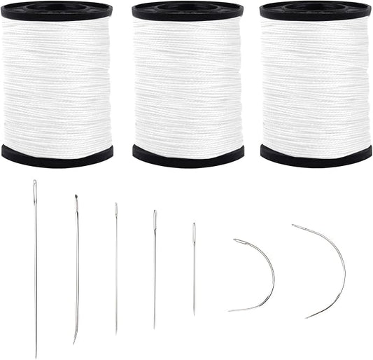 Topus Extra Strong Upholstery Repair Sewing Thread Kit and Heavy Duty Household Hand Needles, Including 7 Styles of Leather Canvas Sewing Needles and 3 Rolls Nylon Thread (70 Yard of Each Roll), White