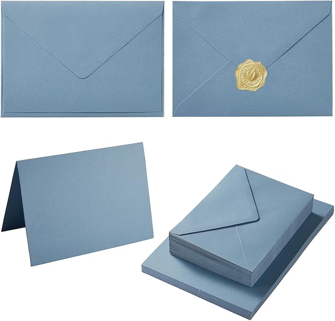 50 Pack Dusty Blue A7 Envelopes with Cards and Gold Stickers, 5x7