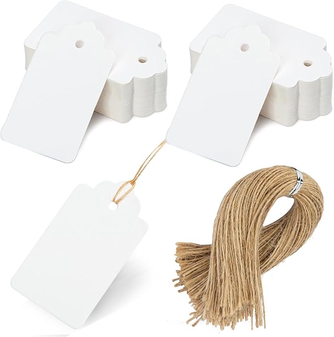 SallyFashion 100 PCS Gift Tags with String Attached, Kraft Paper Hang Tags | 1.7X2.8 inch, Paper Hang Tags for Clothes DIY, Crafts Wedding Holiday (White)
