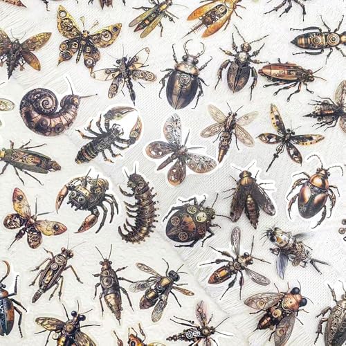 50 Pcs Steampunk Insect Stickers for Scrapbooking – Vintage Mechanical Bug Decals with Gears & Clockwork, Clear Waterproof Aesthetic Stickers for Journaling, Water Bottle, DIY Crafts