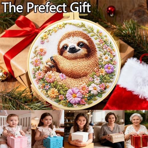 Zhenqing Sloth Embroidery Kit for Beginners, Cute Sloth & Floral Needlework Craft with Pre-Printed Cotton Fabric, Hoop, Threads & Tools, Boho Decor (C0069)