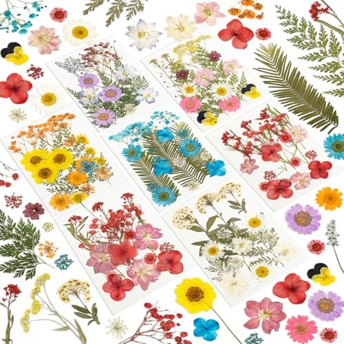 203 Pcs Dried Pressed Flowers for Resin Crafts, Real Natural Pressed Flowers and Leaves Kit Butterfly Stickers Vacuum Sealed Dry Flowers for DIY Epoxy Resin Jewelry Molds, Candle Soap Making, Nail Art