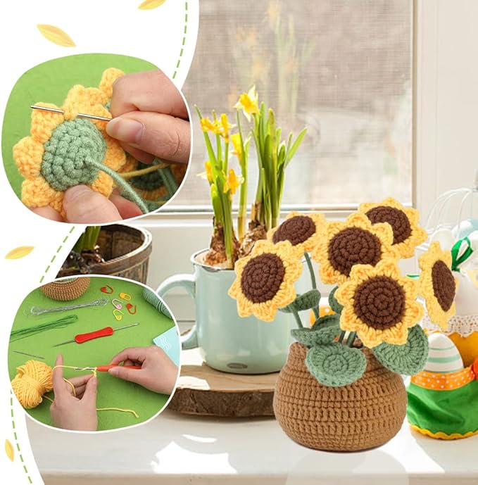 kgxulr Crochet Kit, Sunflower Crochet Kit for Beginners, Knitting Kit | Beginner Crochet Kit, Crochet Flower Kit, Sunflower Crochet Kit, Beginner Crochet Kit for Adults