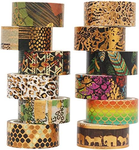 Wild Animals Washi Tape Set 12 Rolls Gold Foil Print Decorative Masking Tapes for Arts, DIY Crafts, Journals, Planners, Scrapbook, Wrapping (African Migration)