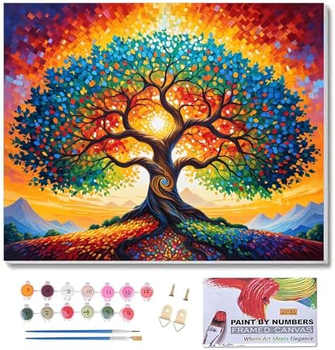 ldazao Tree of Life Framed Paint by Numbers Kit for Adults Beginner Paint by Number Artist Stained Glass Painting Kit Color by Numbers 9.5x12 Inch