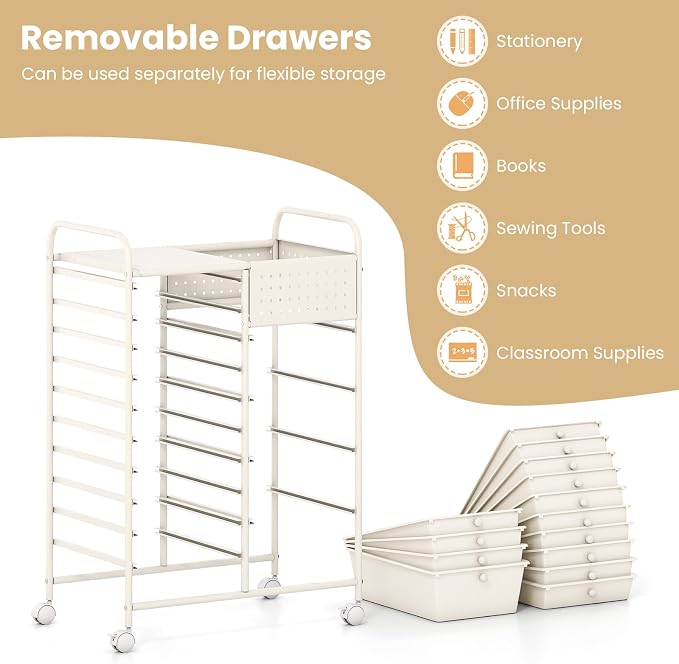 Giantex 14 Drawer Storage Cart, Rolling Craft Cart with Metal Tabletop & Pegboard, Mobile Utility Organizer Trolley with Locking Wheels, Home Office, Ivory