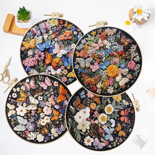 LB 4 Pack Colorful Floral Embroidery Kit for Beginners Nature Butterfly Beginner Embroidery Kit for Adults DIY Starter Kit with Embroidery Hoop Colorful Threads Tools Step by Step Instructions
