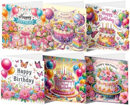 ACSAUMMY DIY Happy Birthday Diamond Art Painting Cards, 6 Pack Cake Gem Art Greeting Cards with Envelopes, 5D Diamond Dots Kits Birthday Cards Making Kits for Adults Family Friends Birthday Gifts