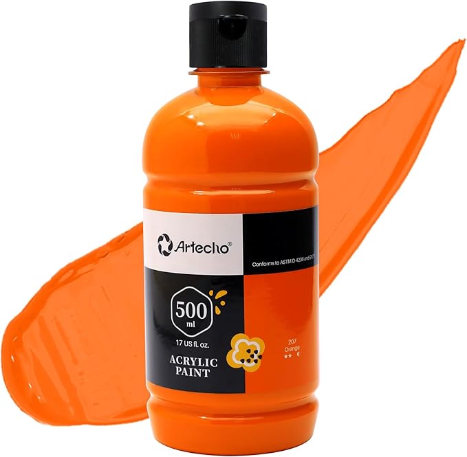 Artecho Orange Acrylic Paint 500ml / 17oz Large Bottle