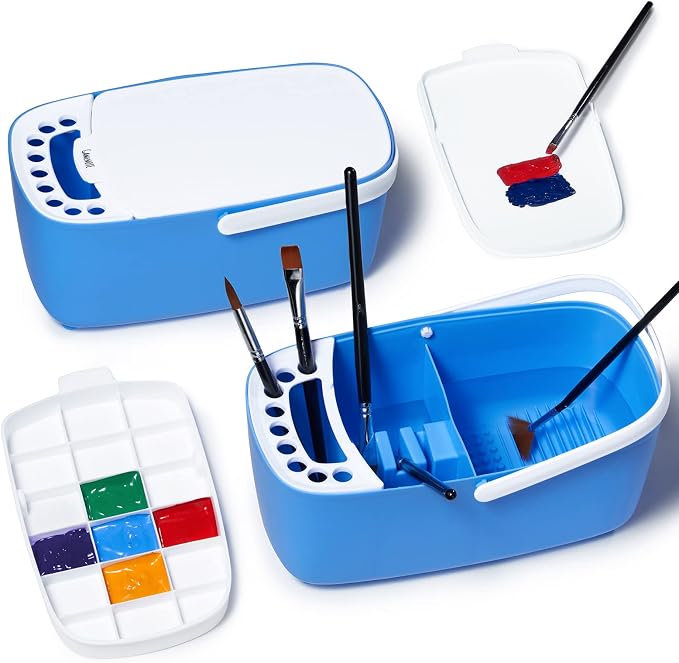 GAMENOTE Paint Brush Cleaner, Paint Brush Holder and Palette, Blue | All-in-one painting station washes and rests brushes, mixes colors, and stores paint in 18 wells with a portable handle.