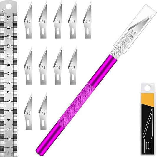 DIYSELF Craft Hobby Knife Set with 10 Extra #11 Blades, 6-Inch Metal Ruler | Exacto Knife for Crafting, Precision Cutting for Polymer Clay, Paper, Vinyl, Stencils & Models, Artists & Hobbyists, Purple
