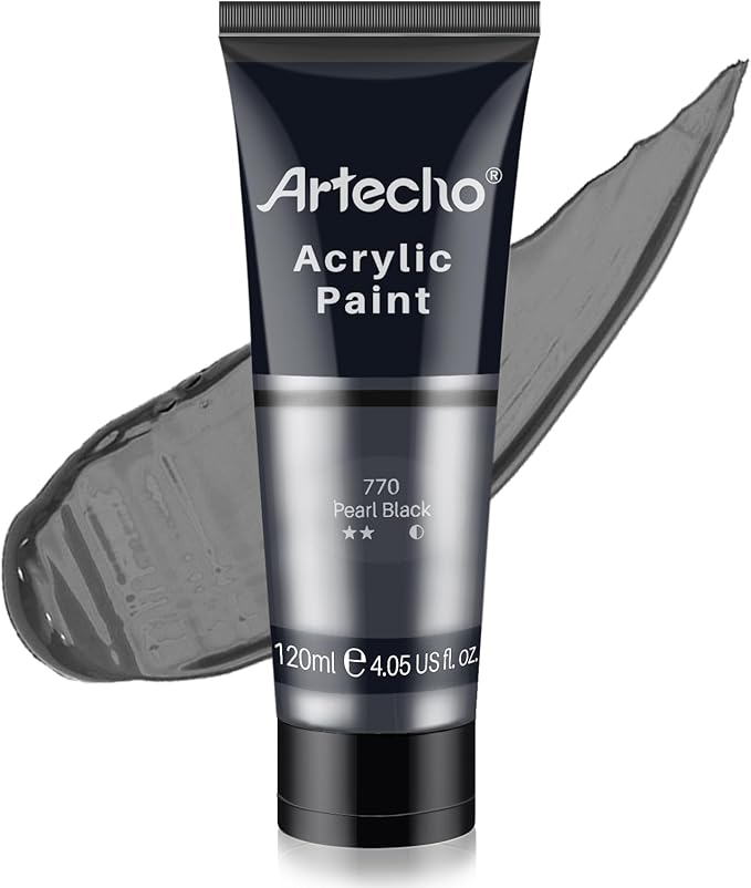 Artecho Black Acrylic Paint, Pearl Black (120ml / 4.05oz) Tubes, Art Craft Paints for Canvas, Rock, Stone, Wood, Fabric, Art Supplies | Semi Glossy Finish, High Pigment Rich Color Craft Paint for Canvas, Rocks, Wood, Fabric, Ceramic, Non-Toxic