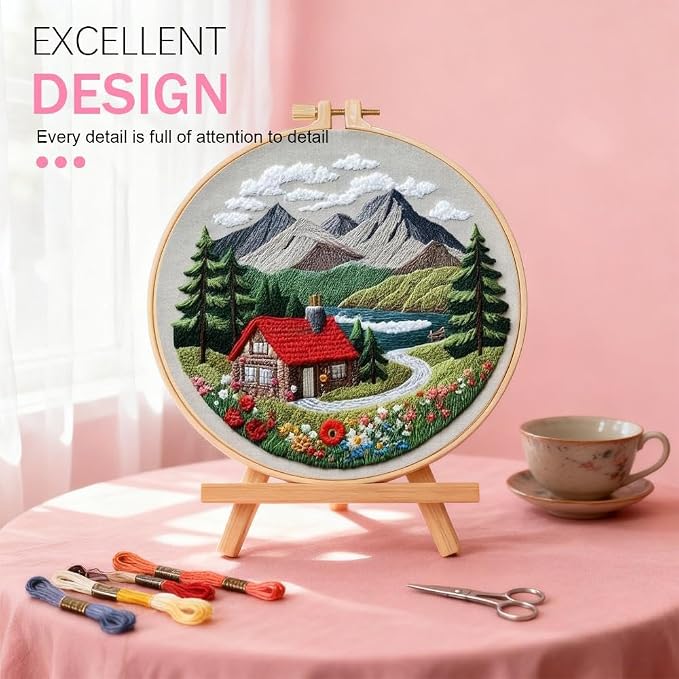 Huacan 1pc House Embroidery Kits for Beginners Mountains River Landscape Small Cross Stitch Kits Ideal for Crafting Art & Gifts
