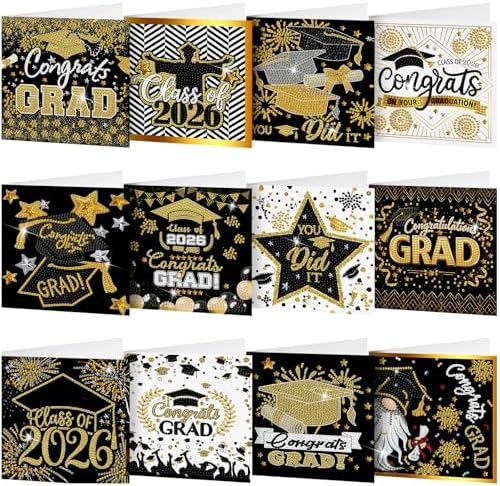 Saillong 12 Pack 2026 Graduation Diamond Painting Greeting Card Kits Class of 2026 Grad Diamond Art Cards with Envelope 5D Rhinestones Painting Making Kit for Adult DIY Craft High School Graduate Gift