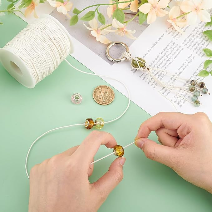 PH PandaHall 1mm Waxed Cotton Cord, 100 Yards Beading String Thread Wax Cord for Braid Bracelet Necklace Jewelry DIY Craft Macrame Making Glass Vase Floral Arrangement, Beige Color