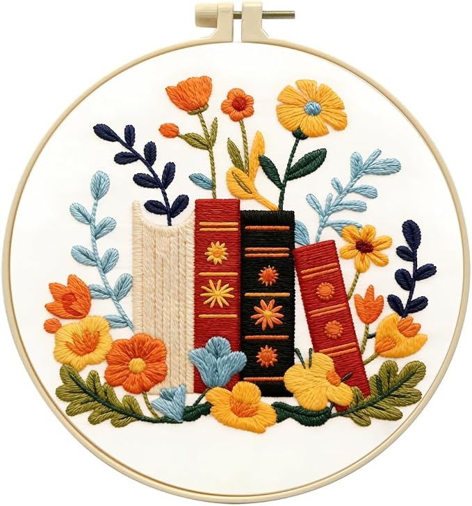 Zhenqing Book Lover Embroidery Kit for Beginners, Floral Book Stack Needlework Craft with Pre-Printed Cotton Fabric, Hoop, Threads & Tools, Reading Decor (C0071)