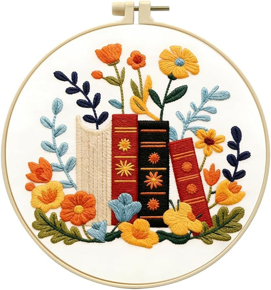 Zhenqing Book Lover Embroidery Kit for Beginners, Floral Book Stack Needlework Craft with Pre-Printed Cotton Fabric, Hoop, Threads & Tools, Reading Decor (C0071)