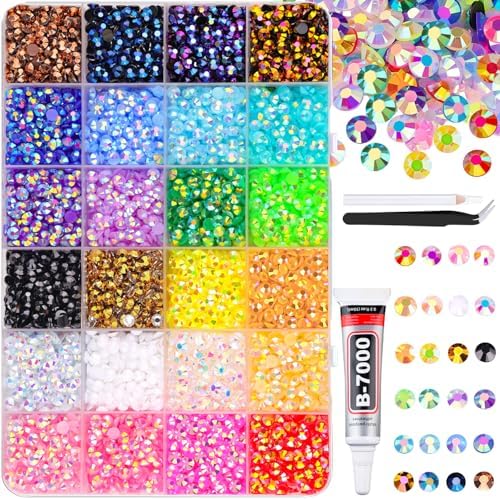 6600Pcs Resin Rhinestones for Crafting with Tweezers, Mixed-Color 5mm Bedazzling Crystal with 1Pcs 10ml B7000 Jewelry Glue for DIY Crafts Clothing Tumblers Shoes Fabric Nail Art
