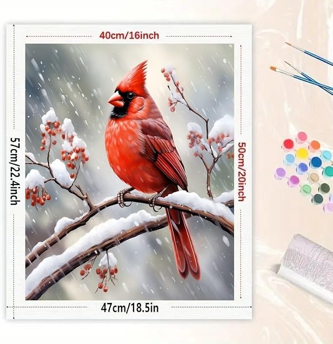 Red Cardinal Paint by Numbers Kit for Adults - DIY Bird Painting on Rolled Canvas 16x20 Inches, Adults' Paint-by-Number Kits Acrylic Paint Set for Beginners, Wildlife Art Kit for Home Wall or Gifts