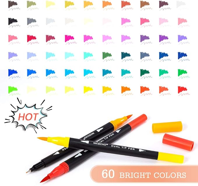 Dual Brush Art Marker Pens, 60 Colors Markers for Adult Coloring Books | No Bleeding Quick-Drying Pens, Fineliner & Brush Pen for Journaling, Calligraphy, Drawing, Sketching
