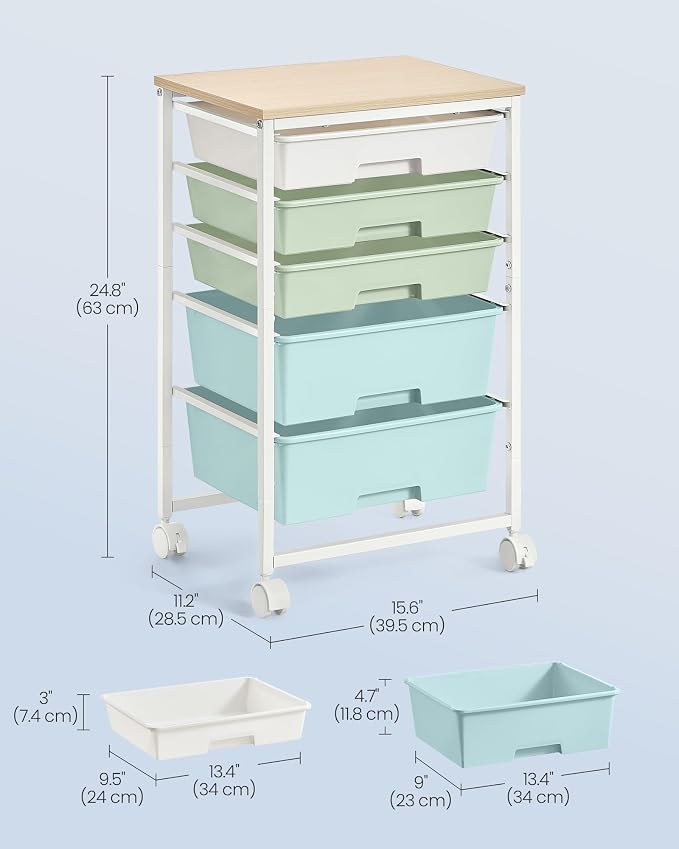 VASAGLE Rolling Cart with Drawers,5 Drawers Storage Cart, Green and White