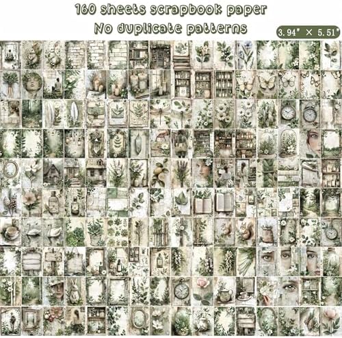 160 Sheets Vintage Flower Scrapbook Paper Green Collage Flowers No Repeating Patterns Perfect for Junk Journal DIY Cards Craft Albums Scrapbooking Supplies (Green, 3.9 x 5.5 inches)
