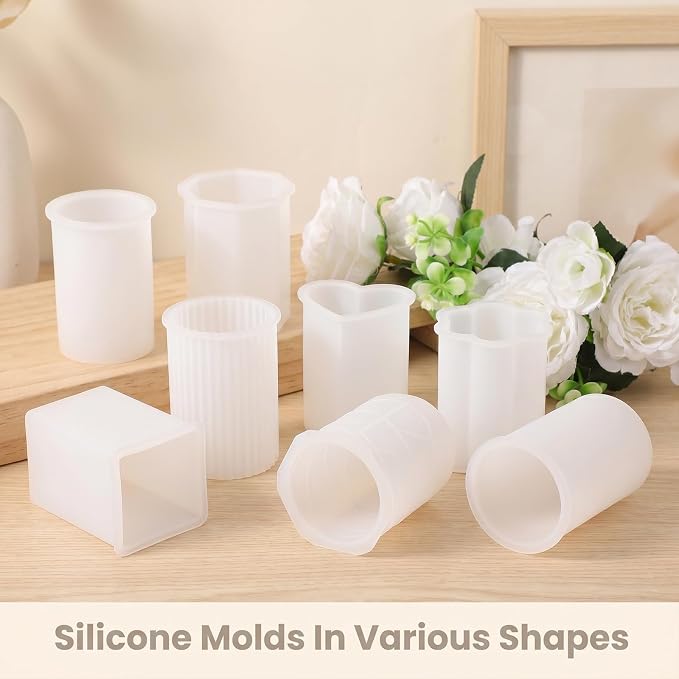 8 Pcs Candle Making Molds, Silicone Candle Molds for Making | Candle Molds Set, Cylinder Hexagon Octagonal Heart Flower Square Shapes for DIY Candle Making, Release Candle Making Kit
