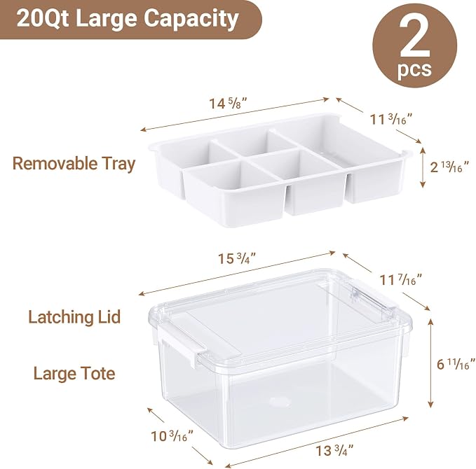 40Qt Stackable Storage Bins with Lids Trays Craft Box Organizers, 2Pack,WH