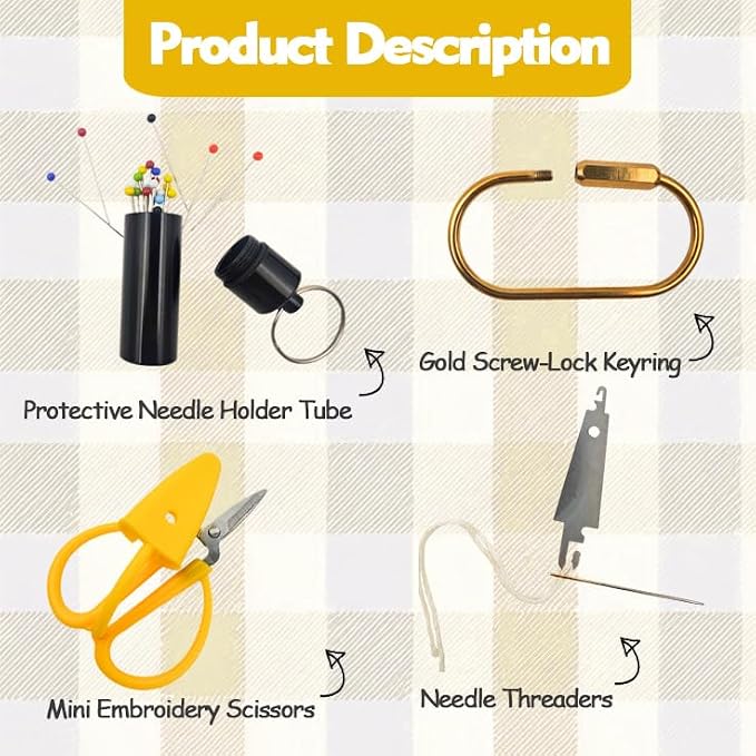 MAGNEECH Needlepoint Keychain Kit, Needlepoint Bag with Mini Embroidery Scissors, Needle Threader, Needle Holder Tube & Gold Keyring, Portable Cross Stitch Sewing DIY Crafts (Yellow)